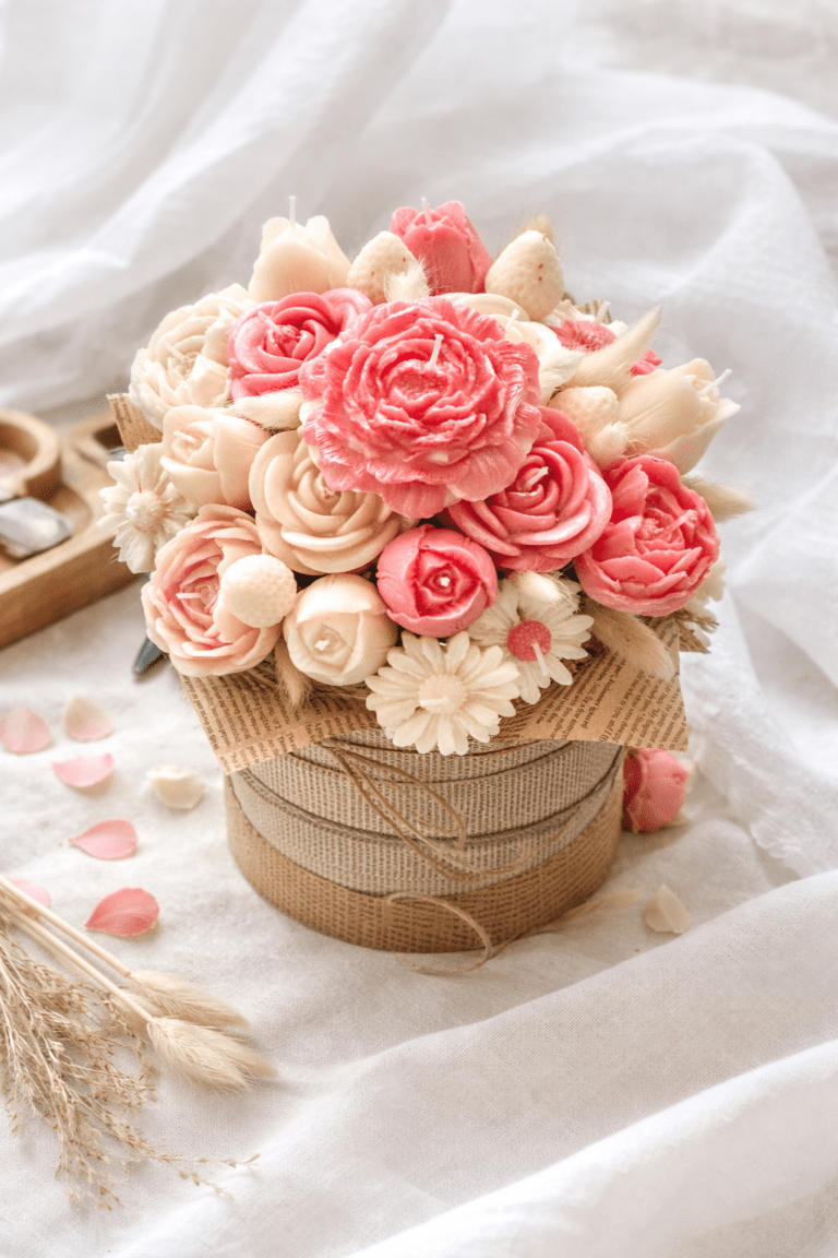 Rapsivahast valmistatud käsitöö küünlad lillekimbu kujul, näidates naturaalse vaha tekstuuri ja pehmeid pastelseid toone.